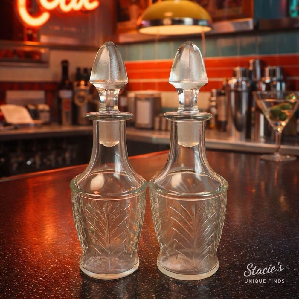 MCM Pair vintage leaf Janette glass decanters with stoppers 10” tall